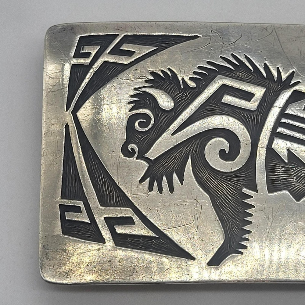 Navajo Artist Montano Gibbson "GIBB" Sterling Silver Etched Buffalo Belt Buckle - Picture 4 of 16